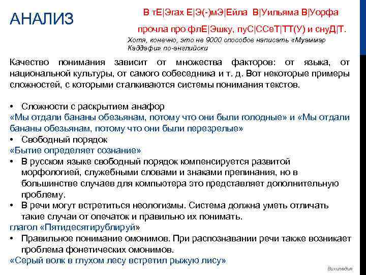 АНАЛИЗ В т. Е|Эгах Е|Э(-)м. Э|Ейла В|Уильяма В|Уорфа прочла про фл. Е|Эшку, пу. С|ССе.