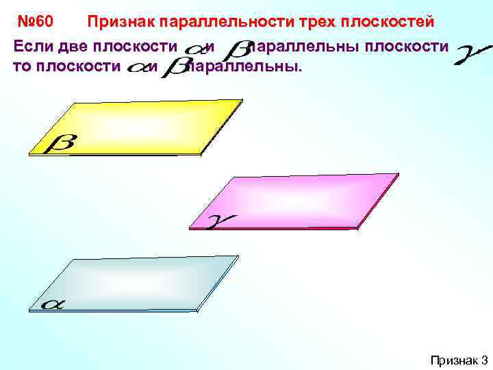 № 60 Признак параллельности трех плоскостей Если две плоскости и параллельны плоскости то плоскости