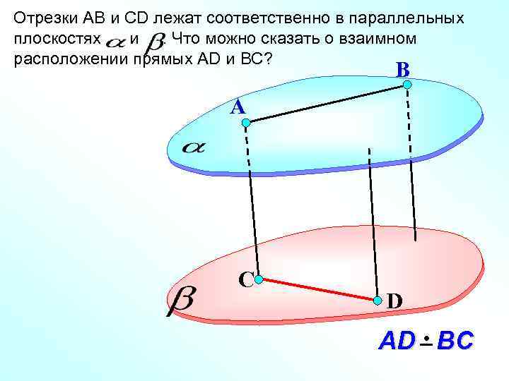 Отрезки АВ и СD лежат соответственно в параллельных плоскостях и. Что можно сказать о