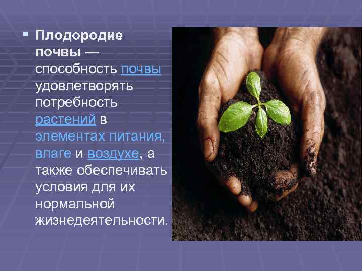 § Плодородие почвы — способность почвы удовлетворять потребность растений в элементах питания, влаге и