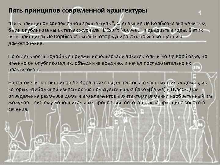 Пять принципов современной архитектуры "Пять принципов современной архитектуры", сделавшие Ле Корбюзье знаменитым, были опубликованы