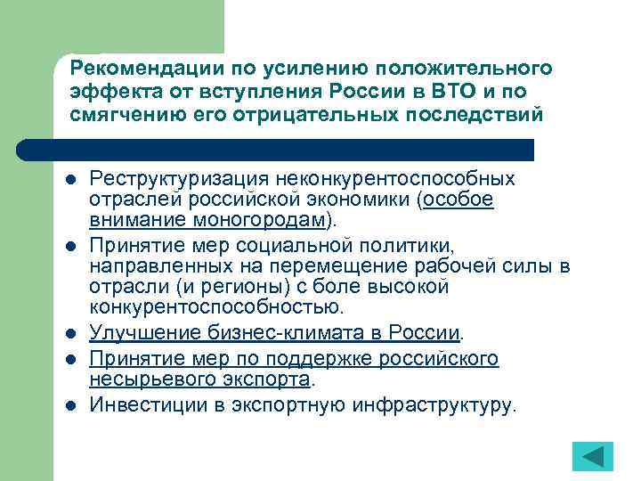 Рекомендации по усилению положительного эффекта от вступления России в ВТО и по смягчению его