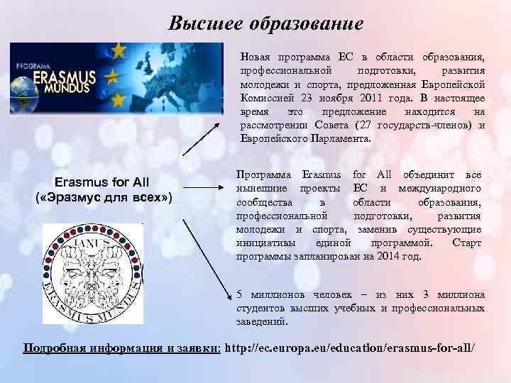 Высшее образование Новая программа ЕС в области образования, профессиональной подготовки, развития молодежи и спорта,