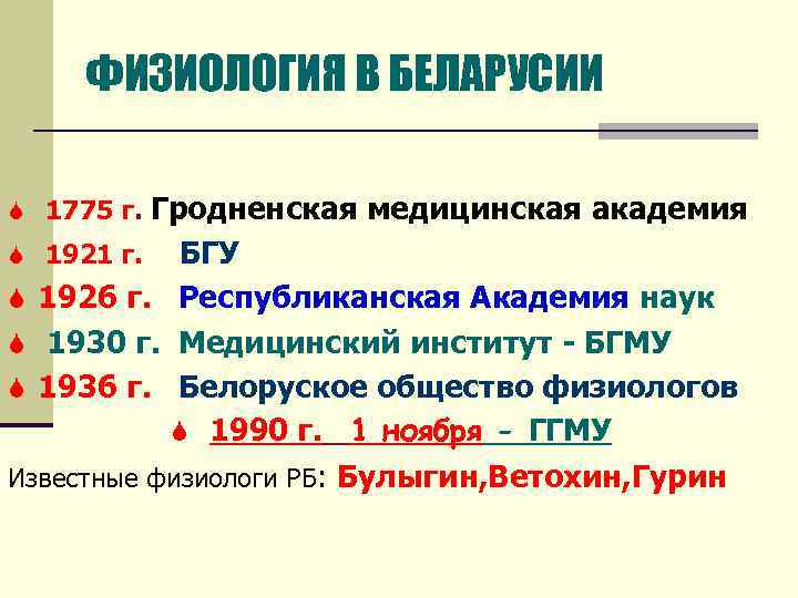 ФИЗИОЛОГИЯ В БЕЛАРУСИИ Гродненская медицинская академия S 1921 г. БГУ S 1926 г. Республиканская