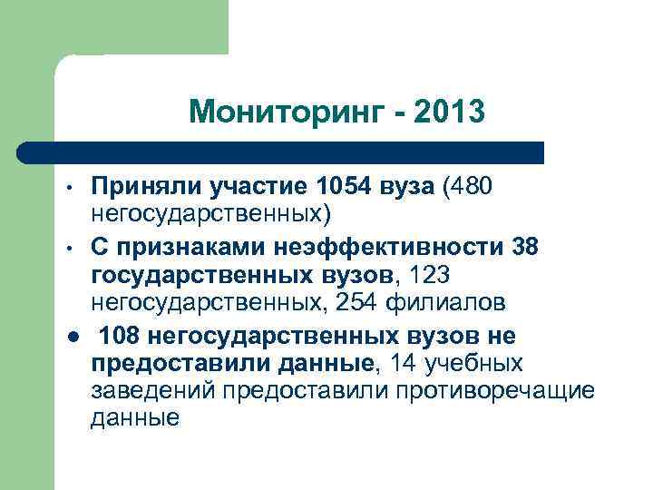 Мониторинг - 2013 • • l Приняли участие 1054 вуза (480 негосударственных) С признаками