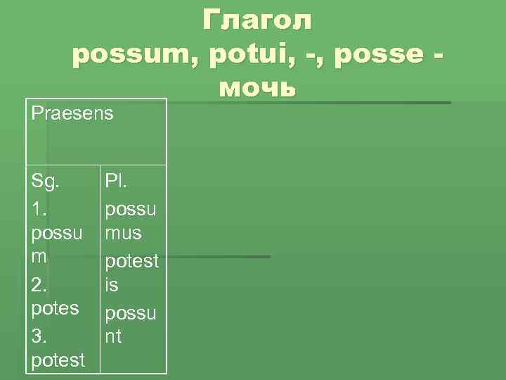 Глагол possum, potui, -, posse мочь Praesens Sg. 1. possu m 2. potes 3.
