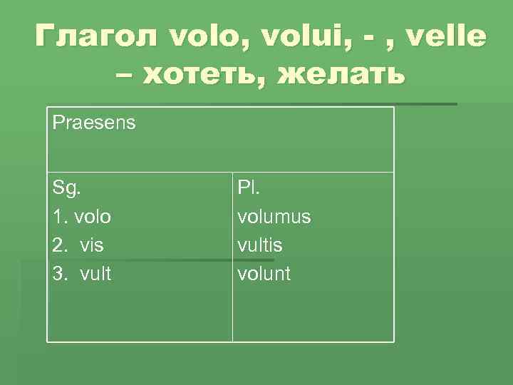 Глагол volo, volui, - , velle – хотеть, желать Praesens Sg. 1. volo 2.