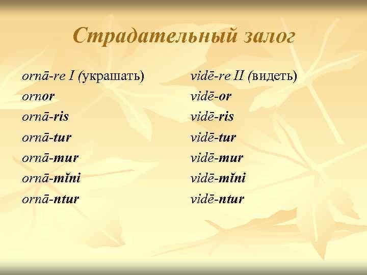 Страдательный залог ornā-re I (украшать) ornor ornā-ris ornā-tur ornā-mĭni ornā-ntur vidē-re II (видеть) vidē-or