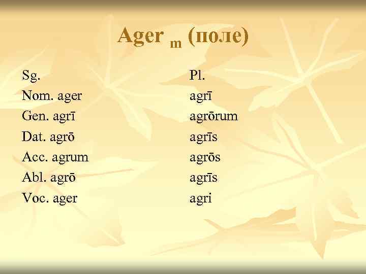 Ager m (поле) Sg. Nom. ager Gen. agrī Dat. agrō Acc. agrum Abl. agrō