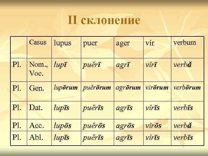 II склонение Casus lupus Pl. Nom. , lupī Voc. puer ager vir verbum puĕrī