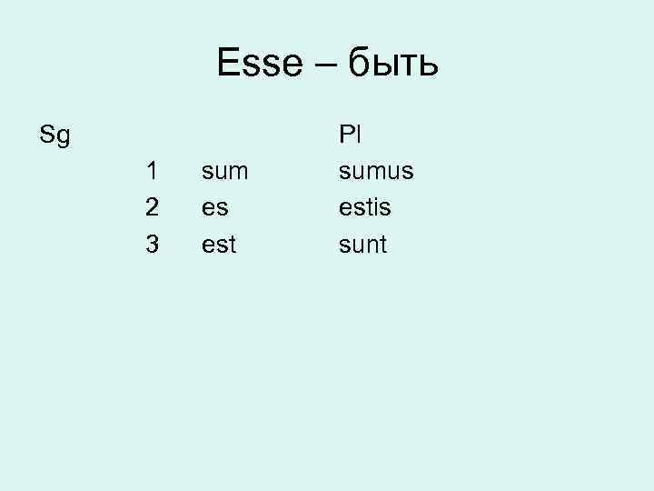 Esse – быть Sg 1 sum 2 es 3 est Pl sumus estis sunt