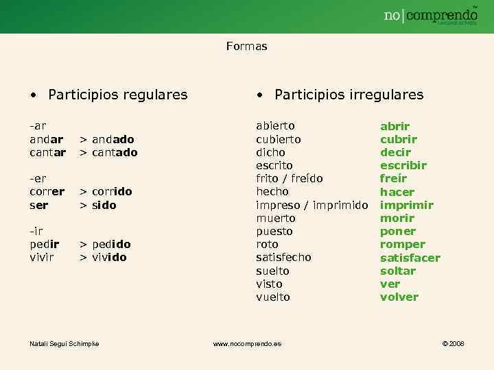 Formas • Participios regulares • Participios irregulares -ar andar cantar > andado > cantado