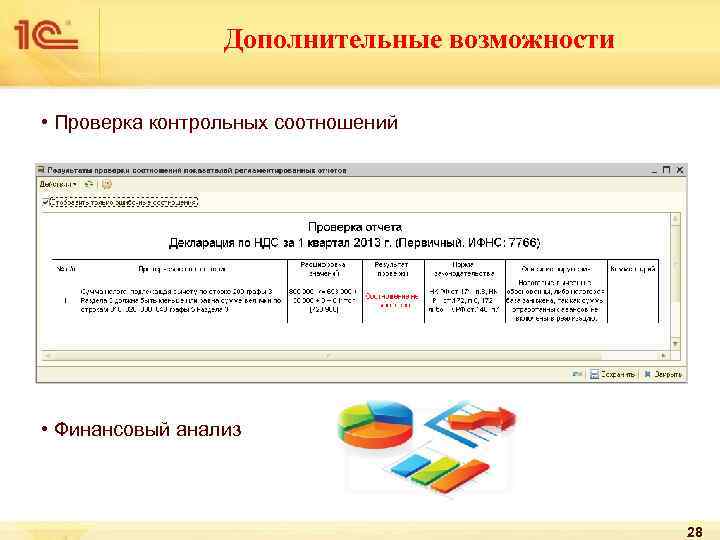Дополнительные возможности • Проверка контрольных соотношений • Финансовый анализ 28 