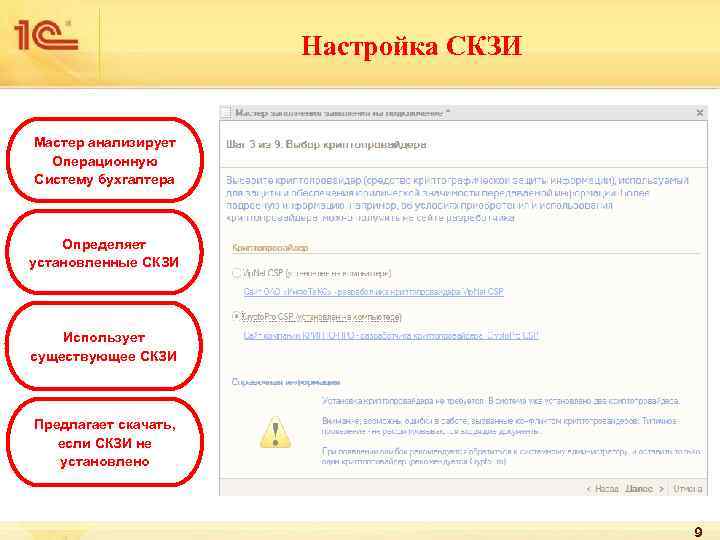 Настройка СКЗИ Мастер анализирует Операционную Систему бухгалтера Определяет установленные СКЗИ Использует существующее СКЗИ Предлагает