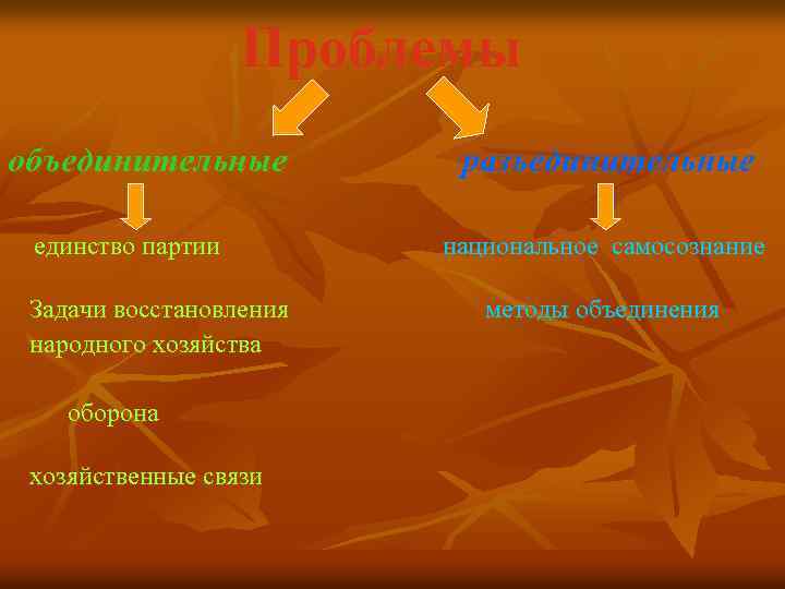 Проблемы объединительные единство партии Задачи восстановления народного хозяйства оборона хозяйственные связи разъединительные национальное самосознание