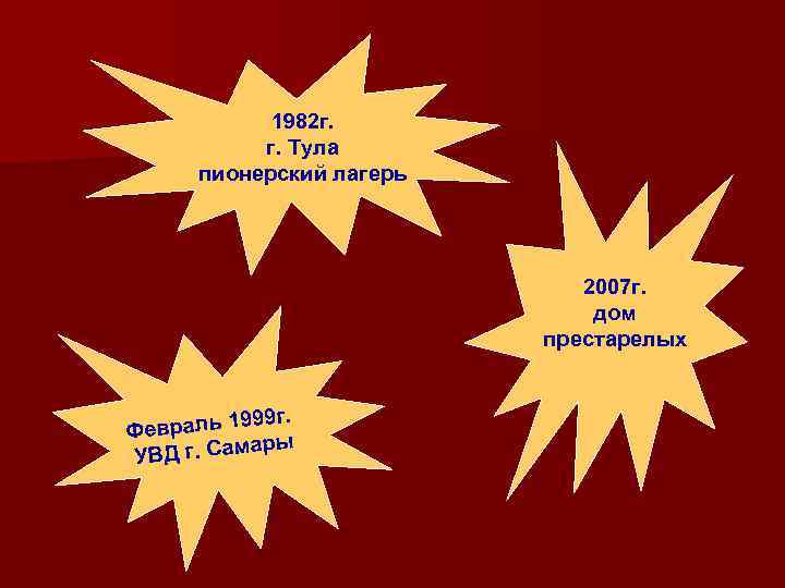 1982 г. г. Тула пионерский лагерь 2007 г. дом престарелых г. раль 1999 Фев