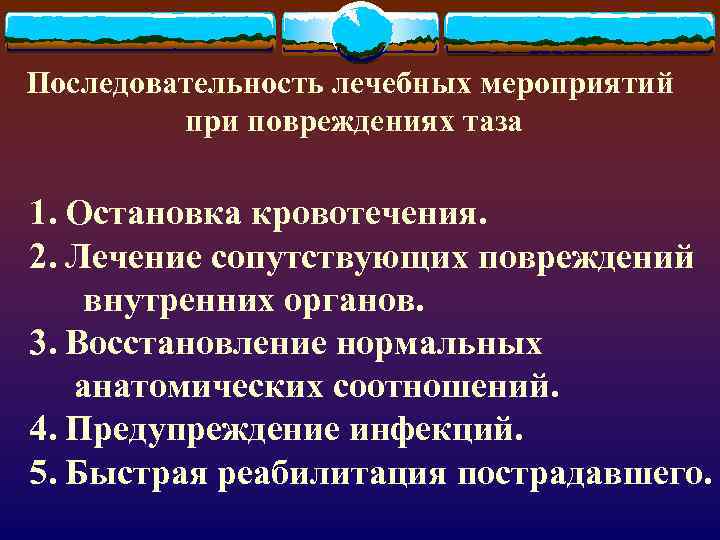 Последовательность лечебных мероприятий при повреждениях таза 1. Остановка кровотечения. 2. Лечение сопутствующих повреждений внутренних