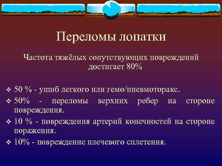 Переломы лопатки Частота тяжёлых сопутствующих повреждений достигает 80% 50 % - ушиб легкого или