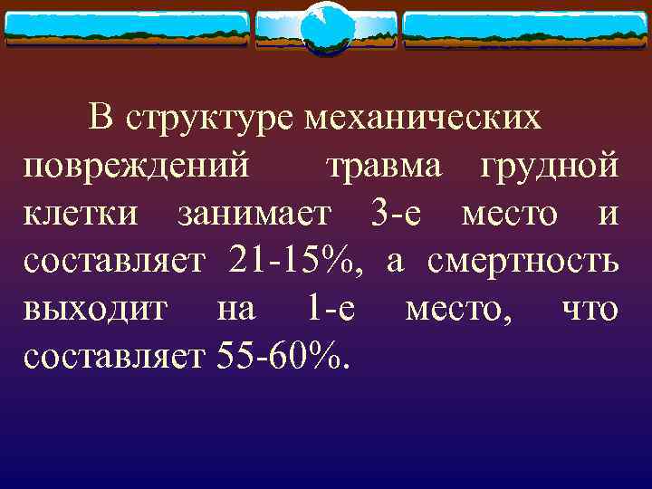 В структуре механических повреждений травма грудной клетки занимает 3 -е место и составляет 21