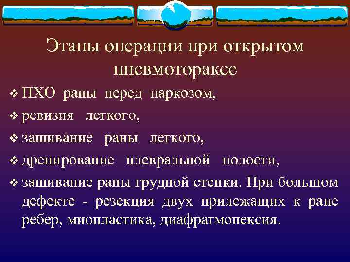 Этапы операции при открытом пневмотораксе v ПХО раны перед наркозом, v ревизия легкого, v
