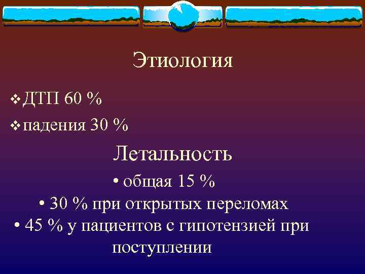Этиология v ДТП 60 % v падения 30 % Летальность • общая 15 %