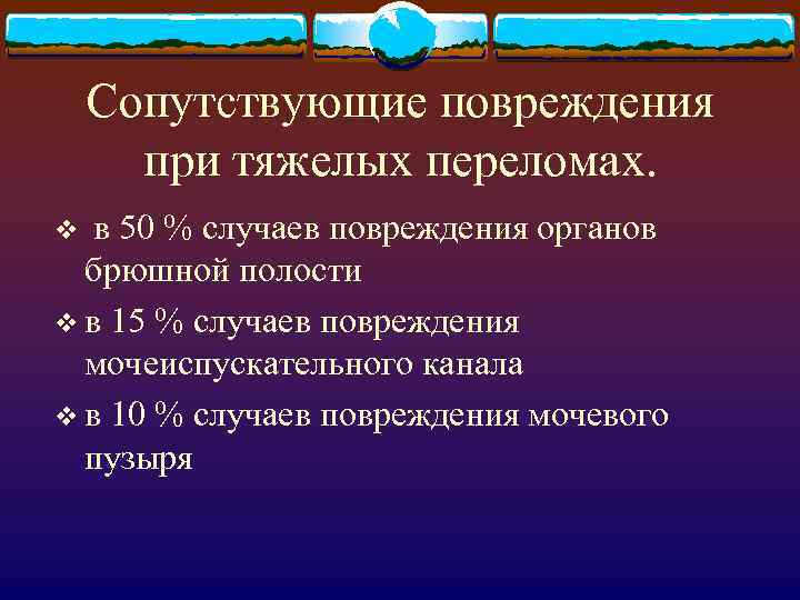 Сопутствующие повреждения при тяжелых переломах. v в 50 % случаев повреждения органов брюшной полости