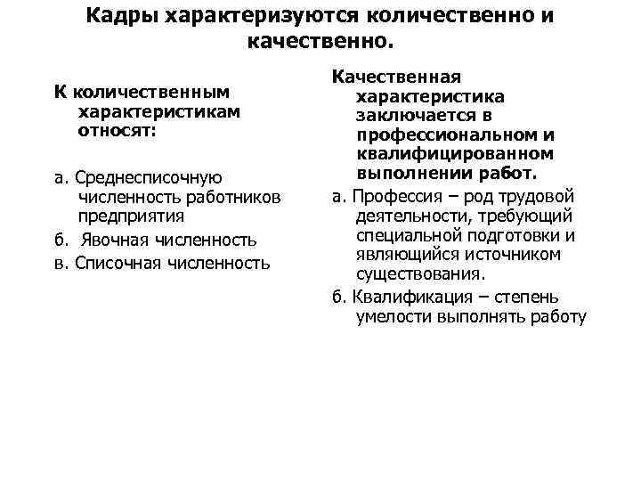 Кадры характеризуются количественно и качественно. К количественным характеристикам относят: а. Среднесписочную численность работников предприятия