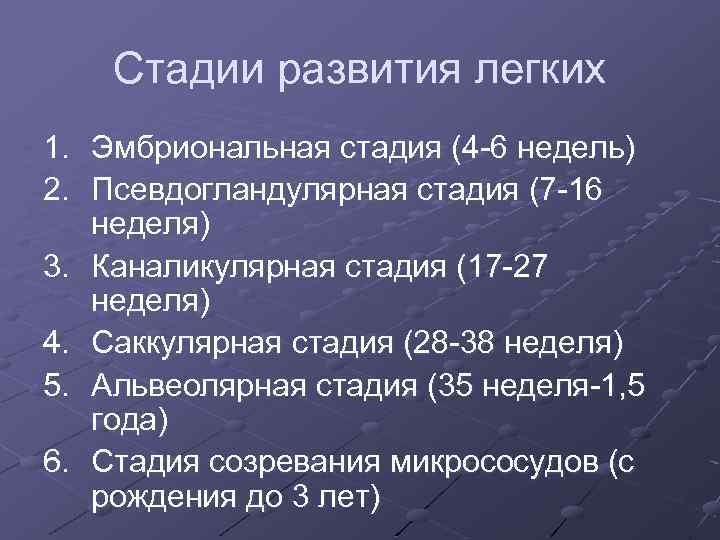 Стадии развития легких 1. Эмбриональная стадия (4 -6 недель) 2. Псевдогландулярная стадия (7 -16