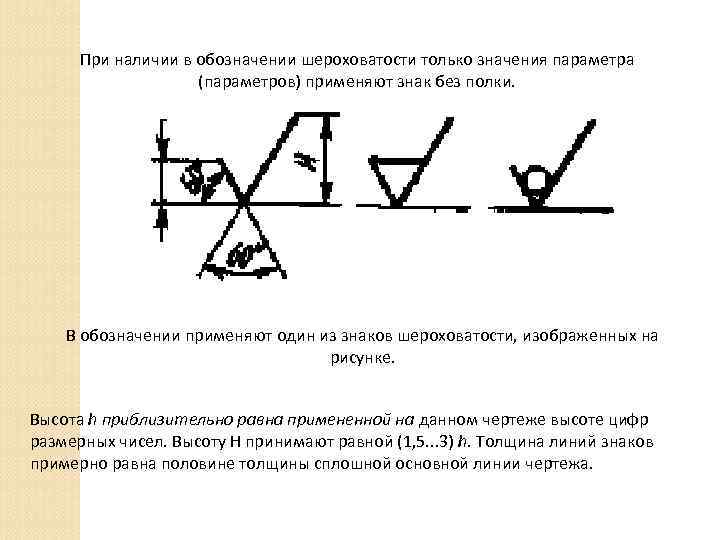 При наличии в обозначении шероховатости только значения параметра (параметров) применяют знак без полки. В