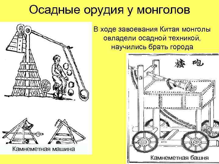 Осадные орудия у монголов В ходе завоевания Китая монголы овладели осадной техникой, научились брать