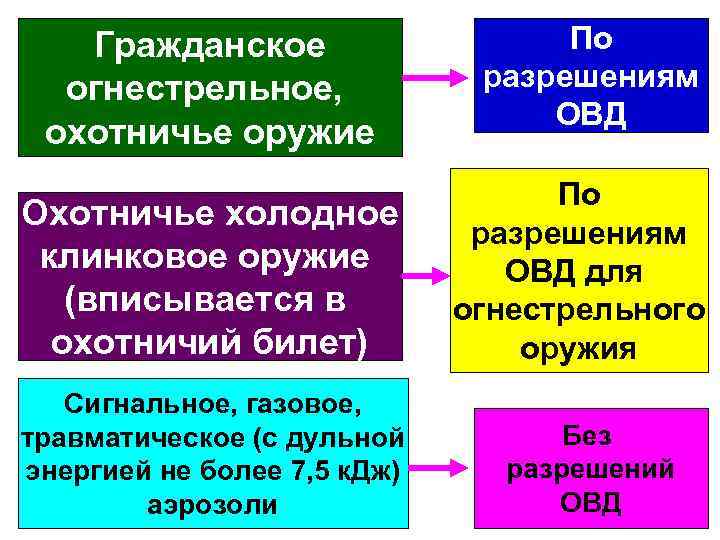Гражданское огнестрельное, охотничье оружие Охотничье холодное клинковое оружие (вписывается в охотничий билет) Сигнальное, газовое,
