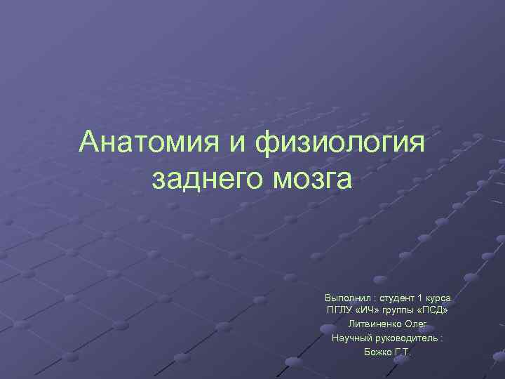 Анатомия и физиология заднего мозга Выполнил : студент 1 курса ПГЛУ «ИЧ» группы «ПСД»