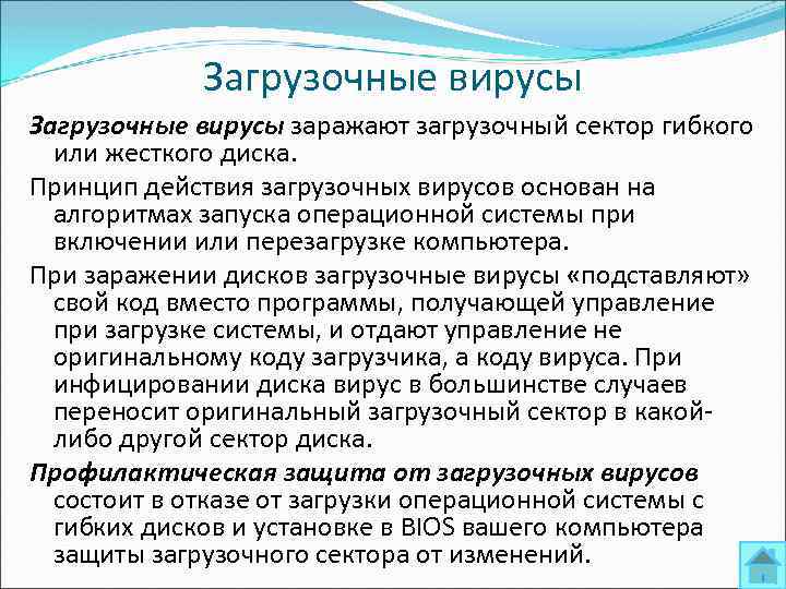 Загрузочные вирусы заражают загрузочный сектор гибкого или жесткого диска. Принцип действия загрузочных вирусов основан