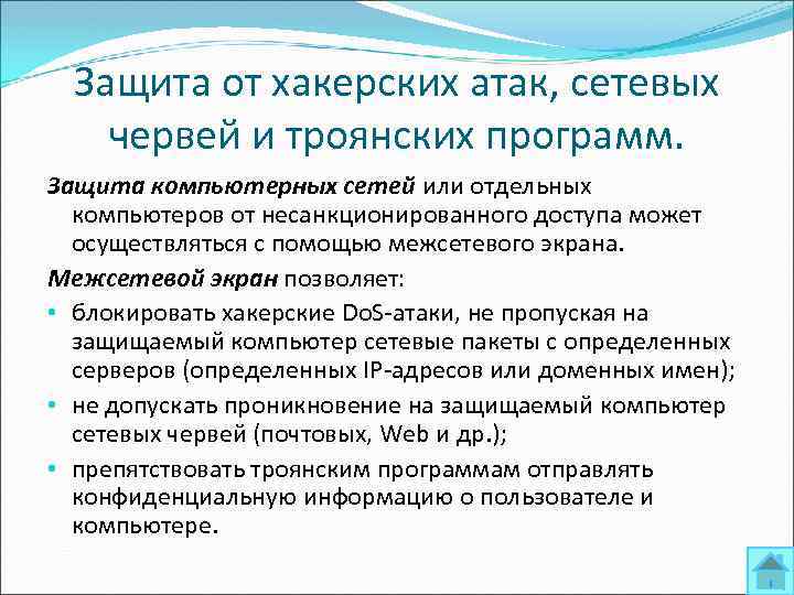 Защита от хакерских атак, сетевых червей и троянских программ. Защита компьютерных сетей или отдельных