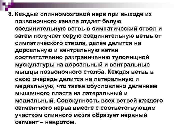 8. Каждый спинномозговой нерв при выходе из позвоночного канала отдает белую соединительную ветвь в