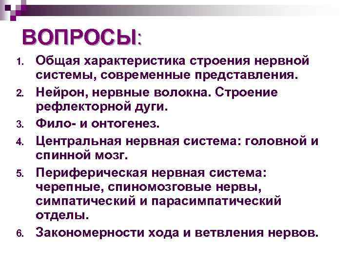 ВОПРОСЫ: 1. 2. 3. 4. 5. 6. Общая характеристика строения нервной системы, современные представления.