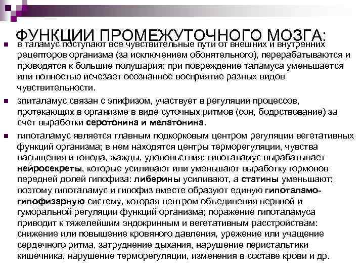 n n n ФУНКЦИИ ПРОМЕЖУТОЧНОГО МОЗГА: в таламус поступают все чувствительные пути от внешних