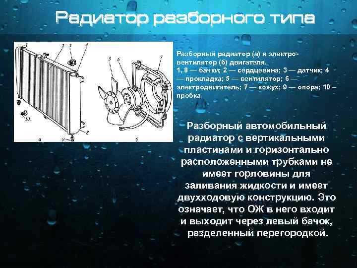 Радиатор разборного типа Разборный радиатор (а) и электровентилятор (б) двигателя. 1, 8 — бачки;