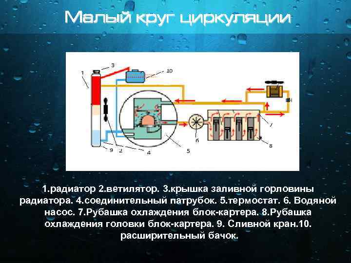 Малый круг циркуляции 1. радиатор 2. ветилятор. 3. крышка заливной горловины радиатора. 4. соединительный