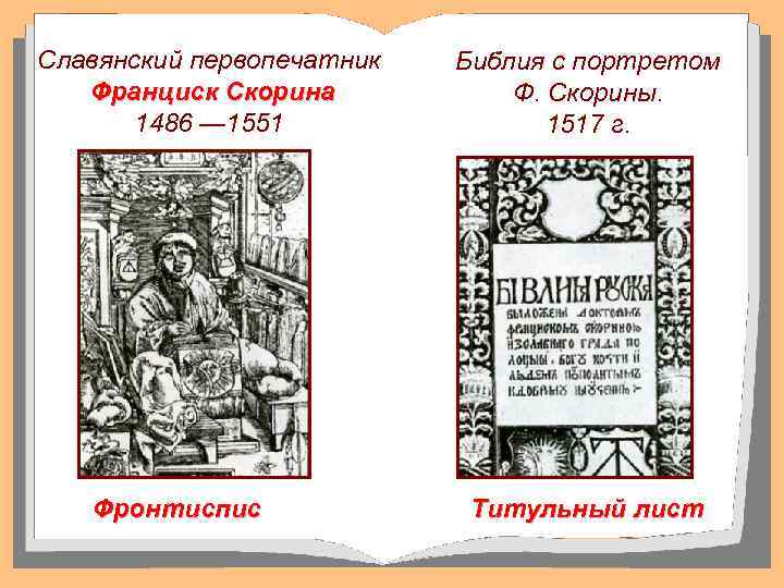 Славянский первопечатник Франциск Скорина 1486 — 1551 Фронтиспис Библия с портретом Ф. Скорины. 1517
