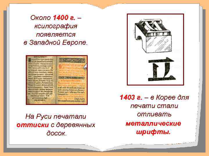 Около 1400 г. – ксилография появляется в Западной Европе. На Руси печатали оттиски с