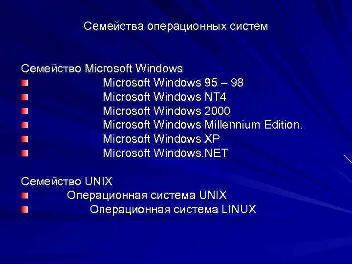 Семейства операционных систем Семейство Microsoft Windows 95 – 98 Microsoft Windows NT 4 Microsoft