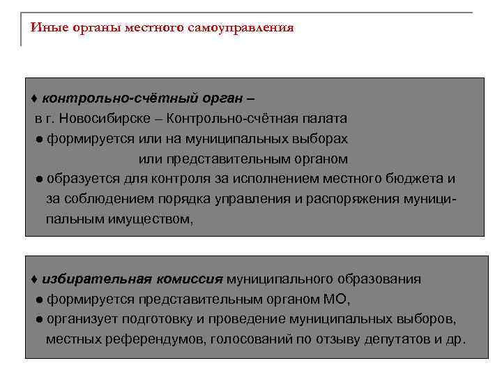 Иные органы местного самоуправления ♦ контрольно-счётный орган – в г. Новосибирске – Контрольно-счётная палата