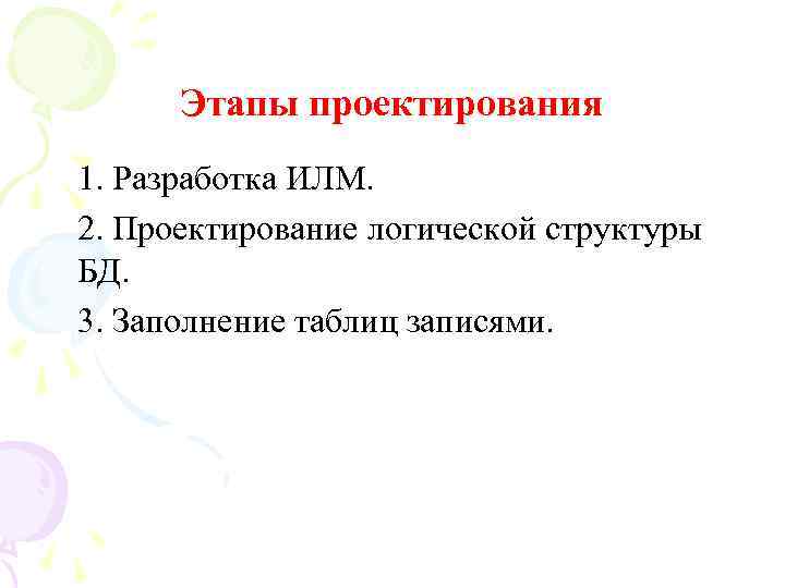 Этапы проектирования 1. Разработка ИЛМ. 2. Проектирование логической структуры БД. 3. Заполнение таблиц записями.