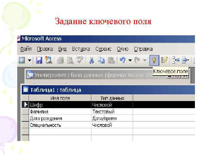 Задание ключевого поля 