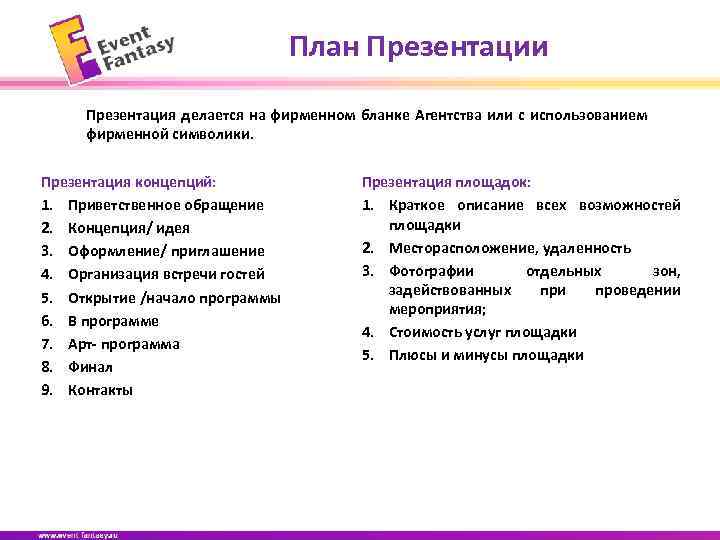 План Презентации Презентация делается на фирменном бланке Агентства или с использованием фирменной символики. Презентация