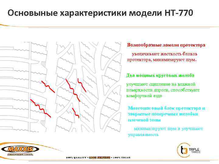 Основыные характеристики модели HT-770 Волнообразные ламели протектора увеличивают жесткость блоков протектора, минимизируют шум. Два