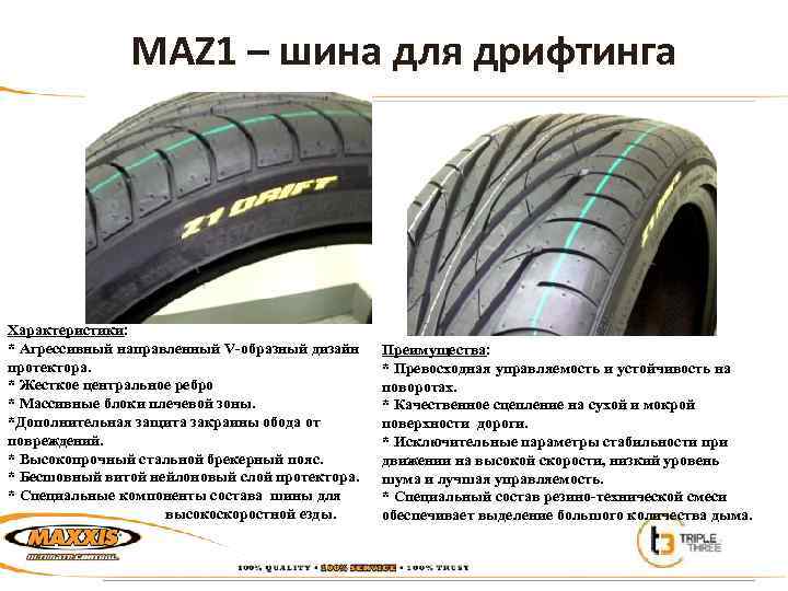 MAZ 1 – шина для дрифтинга Характеристики: * Агрессивный направленный V-образный дизайн протектора. *
