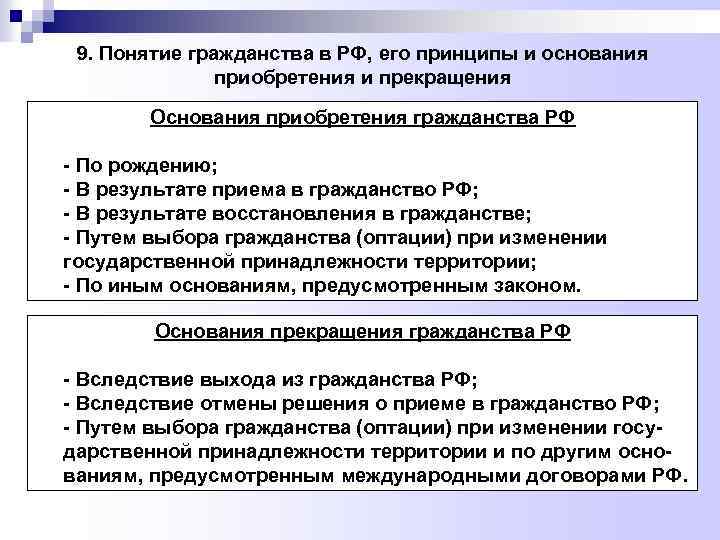 9. Понятие гражданства в РФ, его принципы и основания приобретения и прекращения Основания приобретения