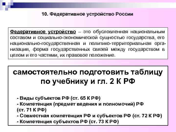 10. Федеративное устройство России Федеративное устройство – это обусловленная национальным составом и социально-экономической сущностью